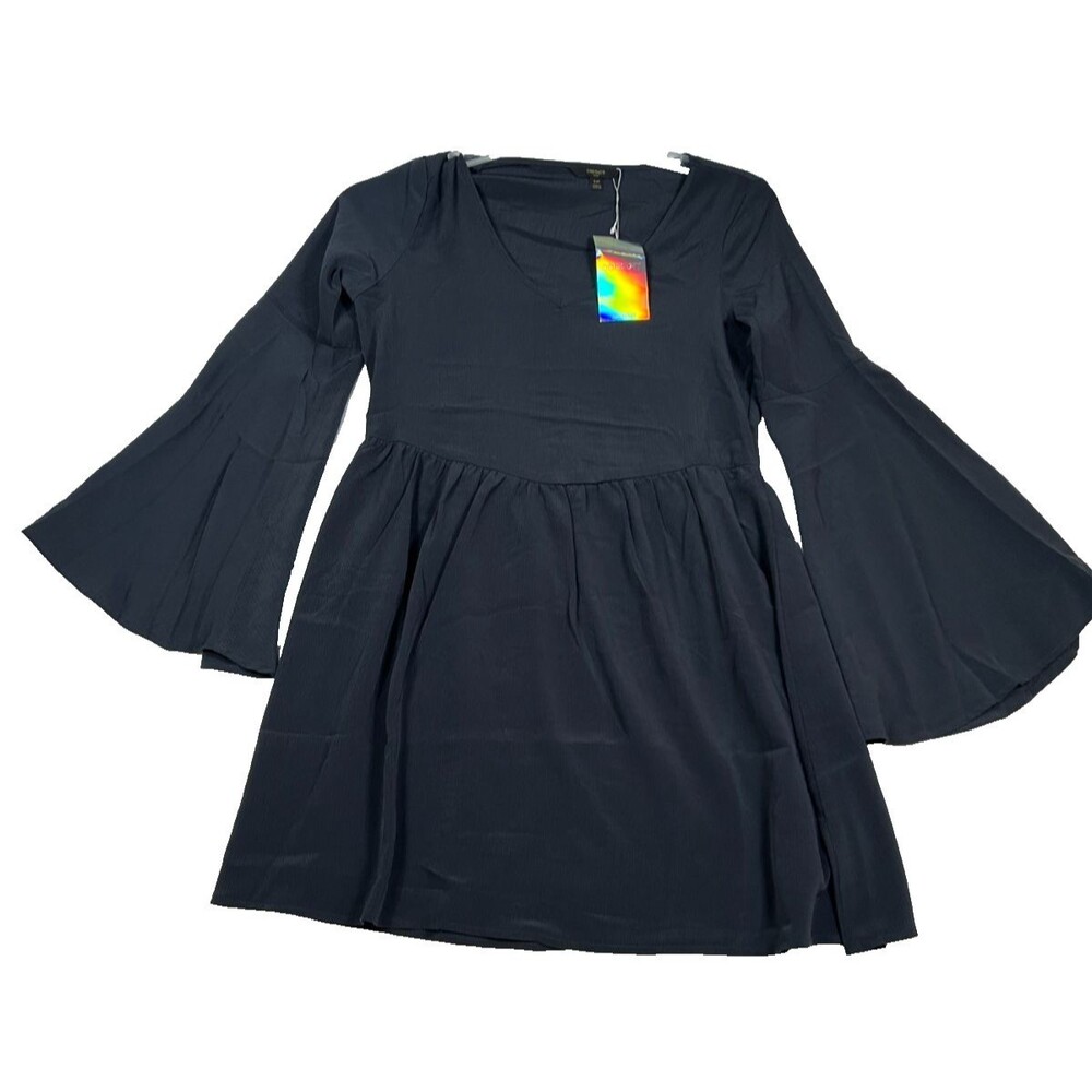 Color Thread Womens Size S Black Bell Sleeve Mini Dress Lined  V Nick New